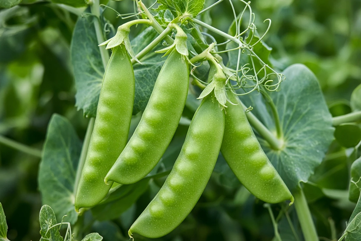 Round snap pea pods on a vine