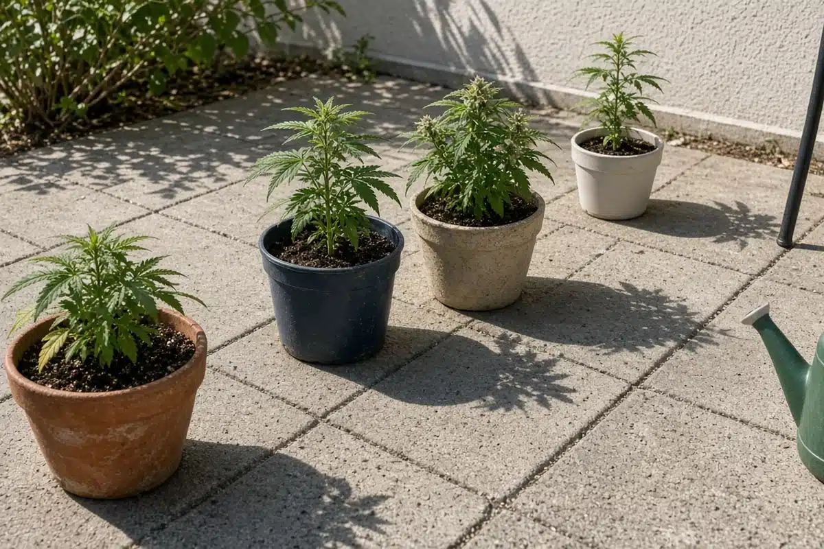 Row of autoflower cannabis plants in pots on a sunny patio