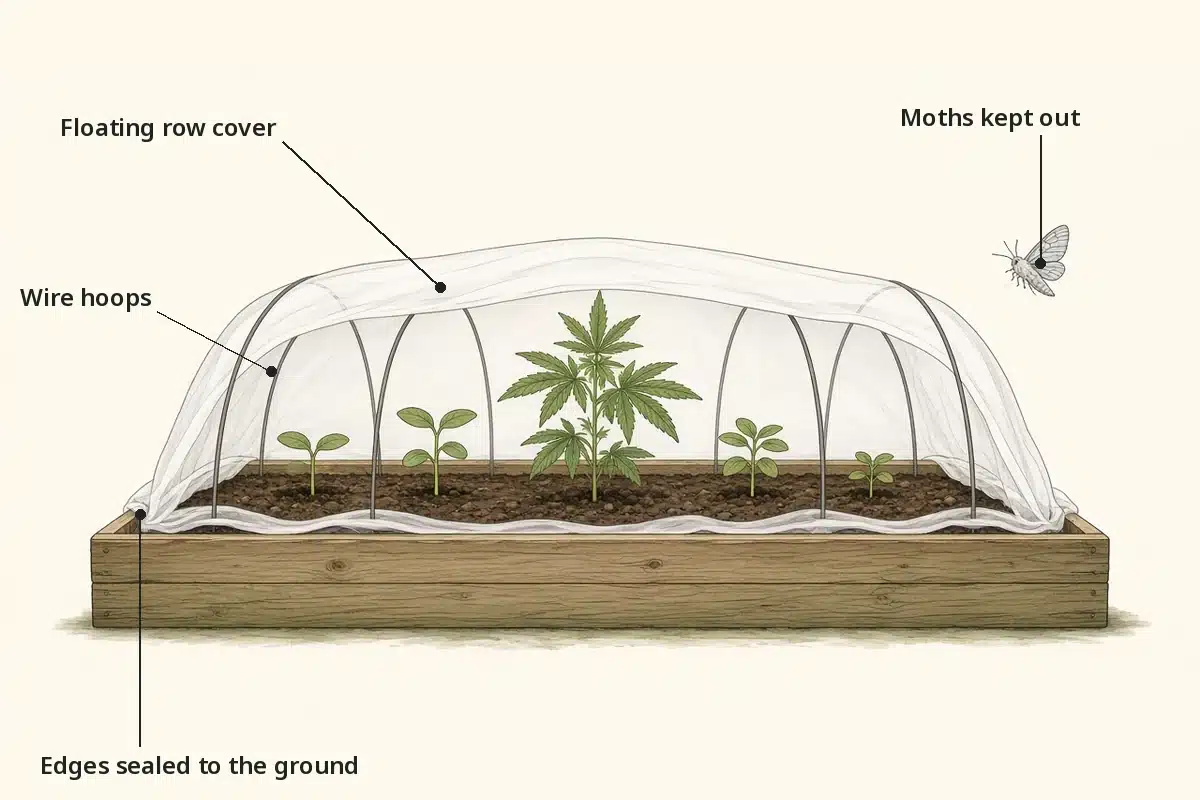 Floating row cover stretched over hoops above young plants with its edges sealed to the ground to keep moths out