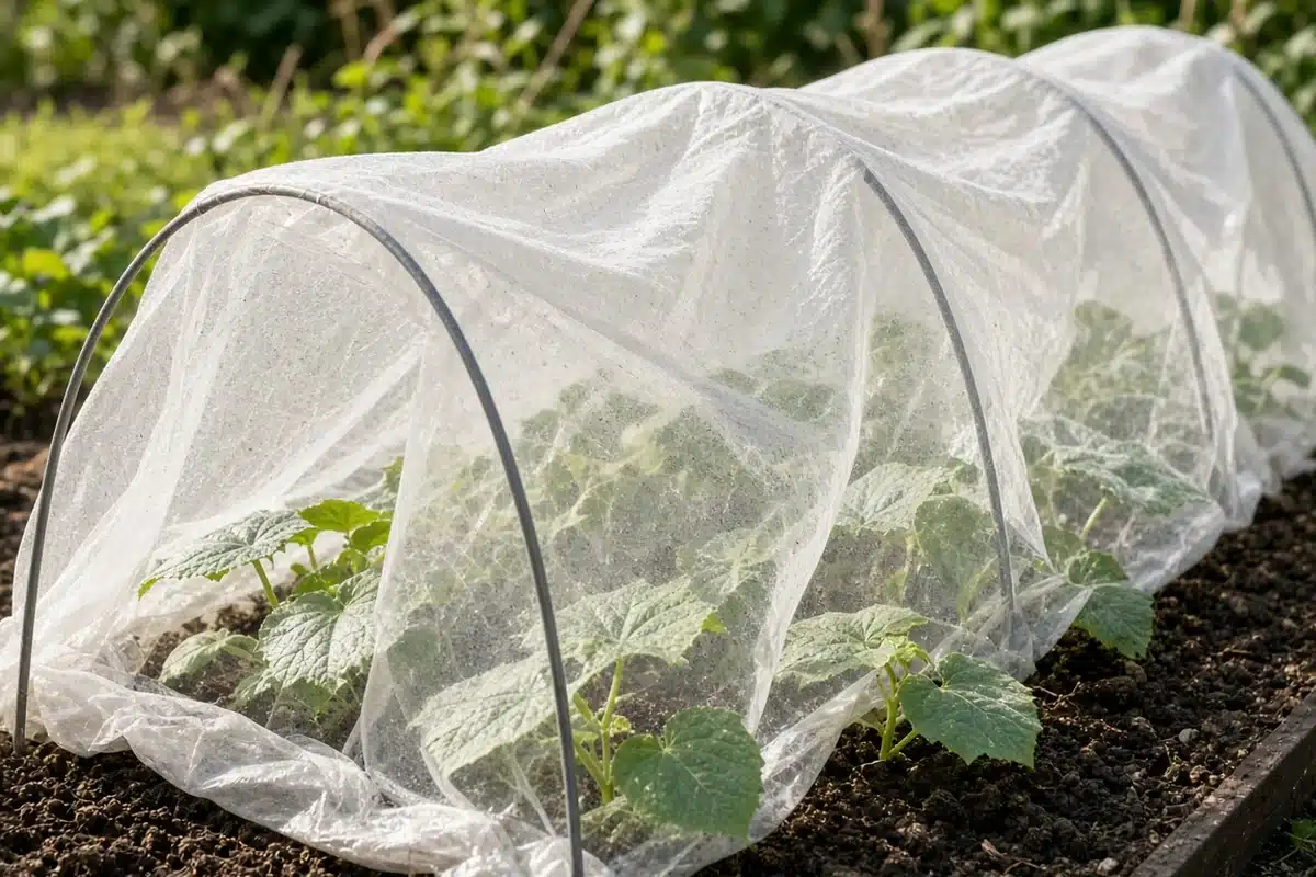 Row cover over young cucumber plants
