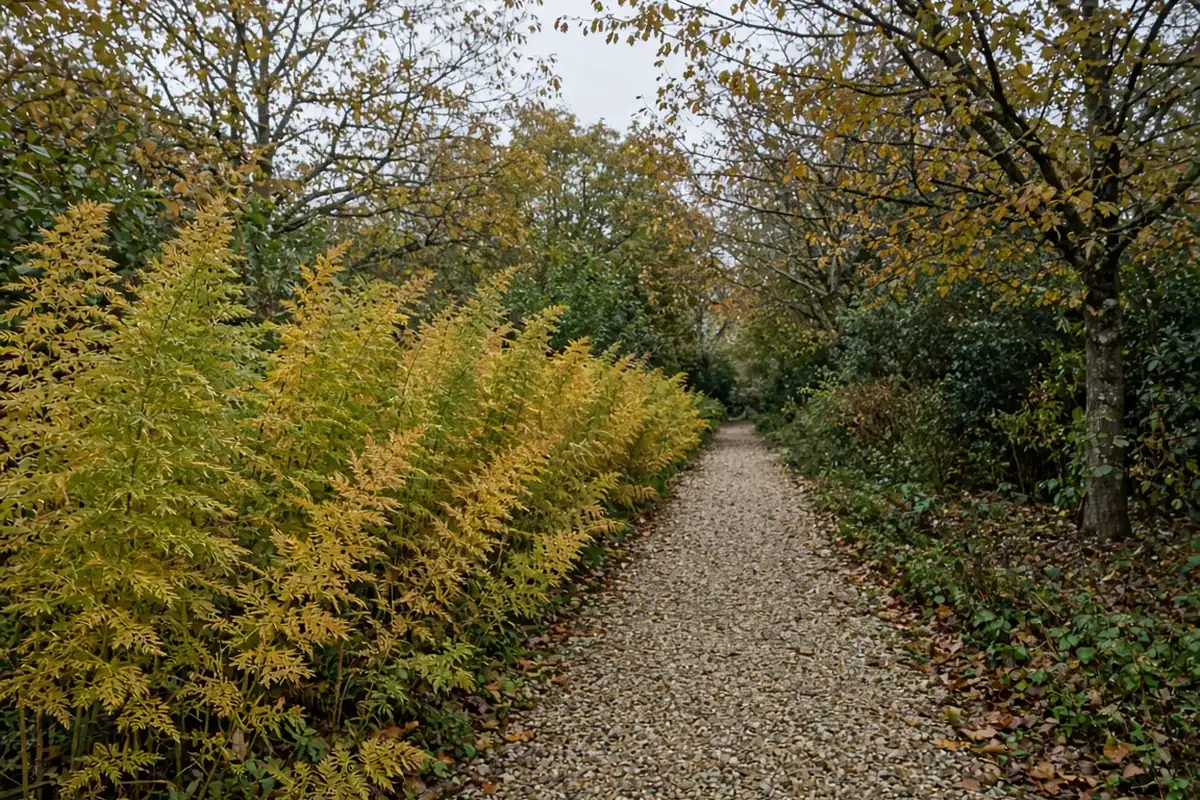 Row of asparagus ferns beside a garden path in autumn