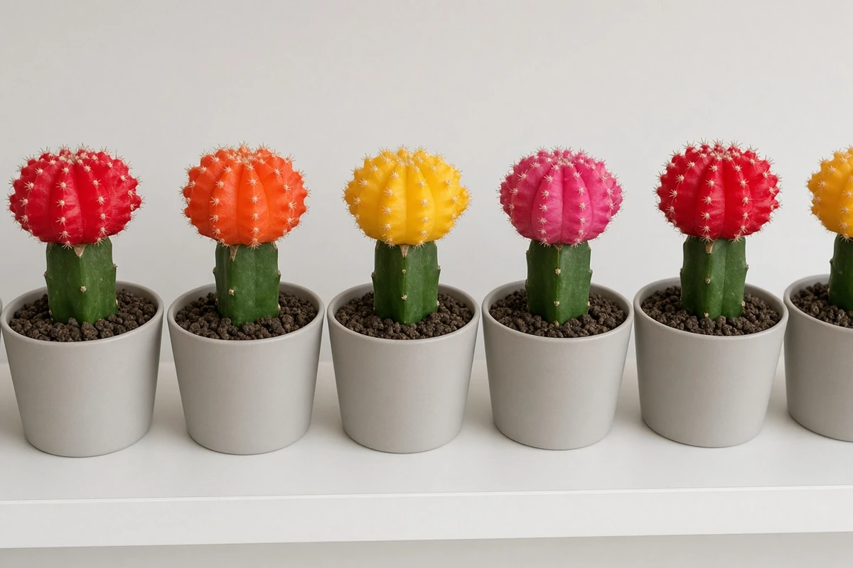 Row of colorful grafted cacti in pots