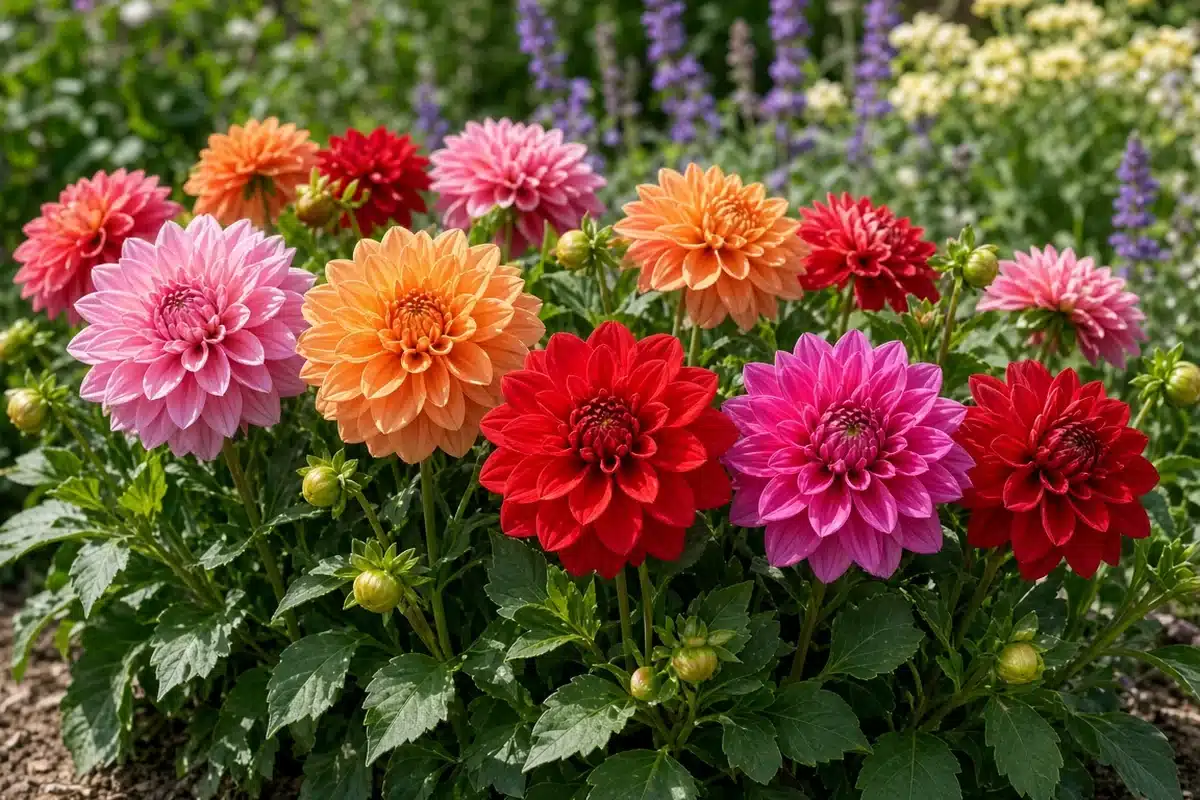 Row of dahlias in full sun in late summer