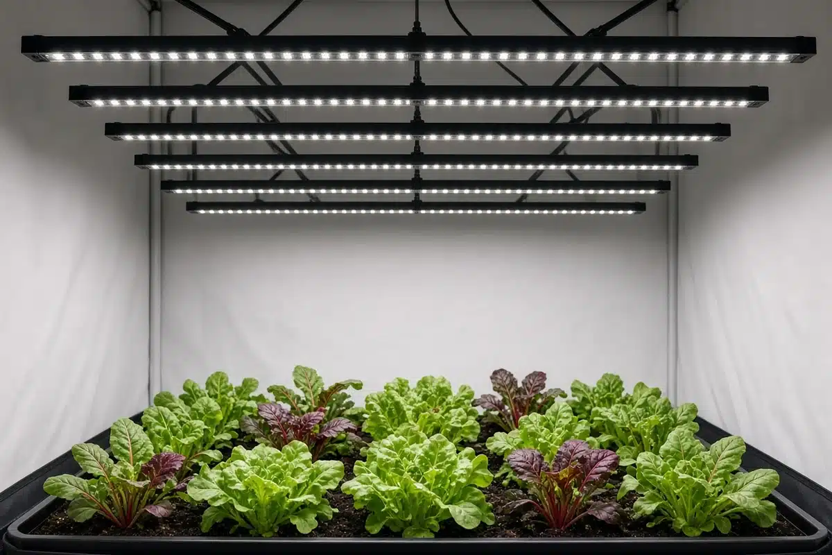 Row of efficient LED bars over plants