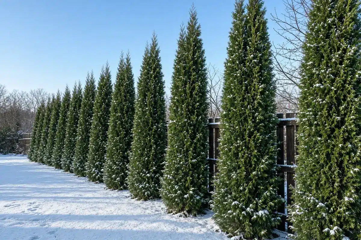 Row of green arborvitae in a winter yard