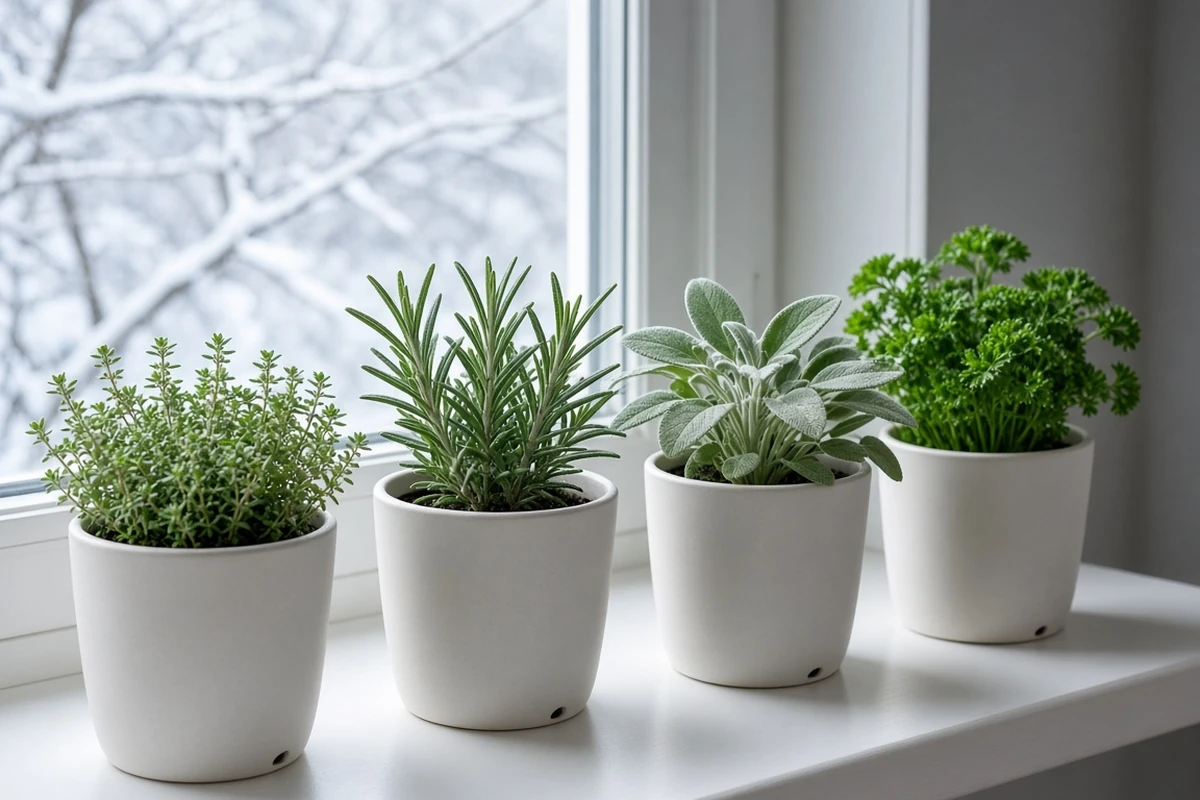 Row of herb pots on a bright cool sill