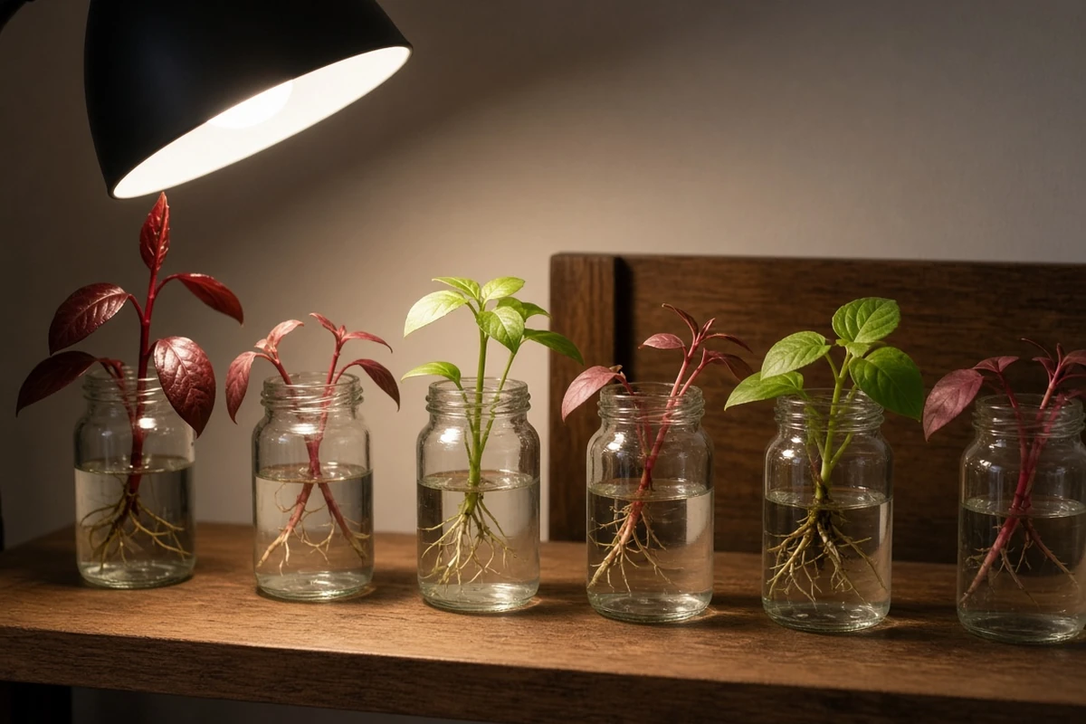 Row of jars with colorful stem plants under a lamp