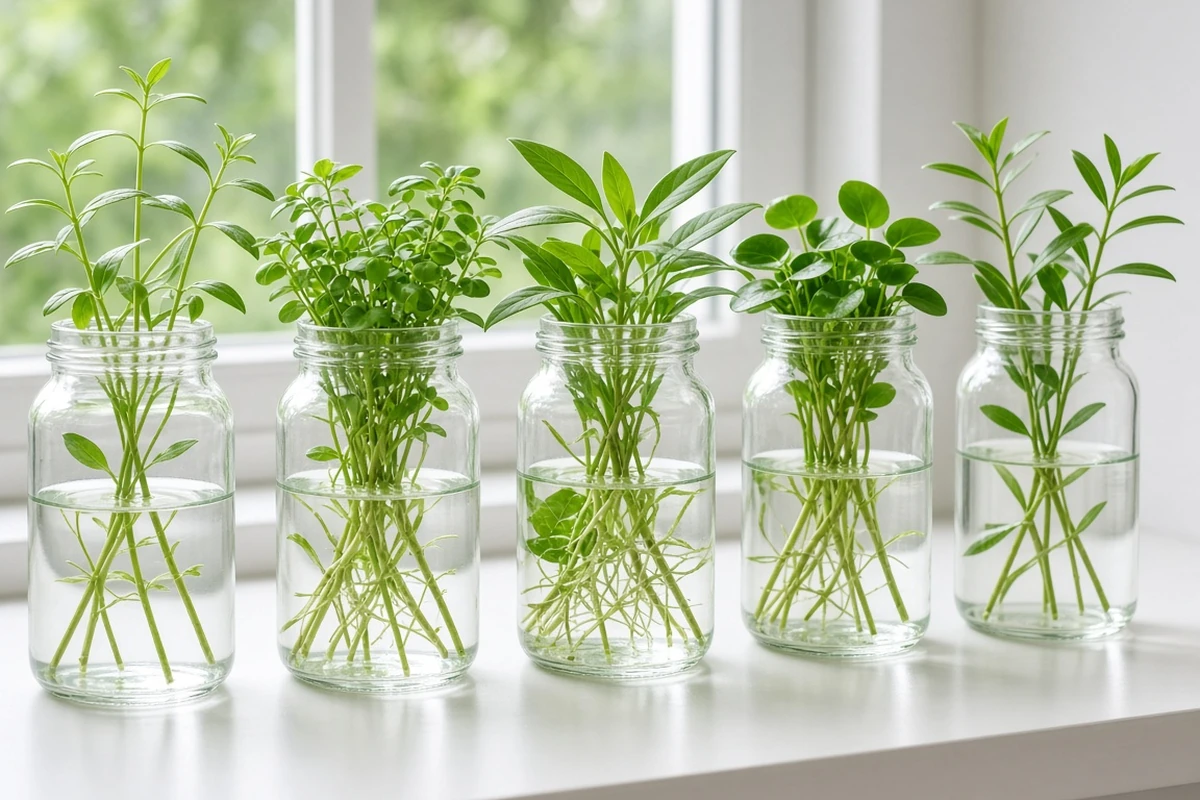 Row of jars with emersed stem plants on a bright shelf