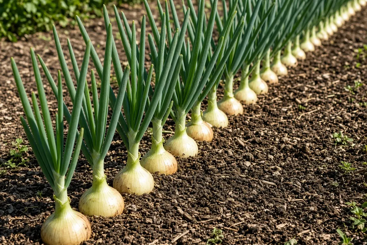 Row of onions forming bulbs in early summer