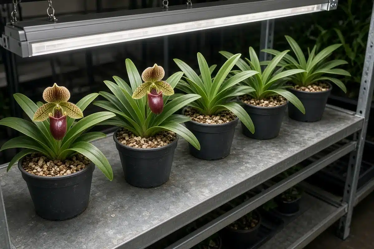 Row of paphiopedilum pots under a grow light