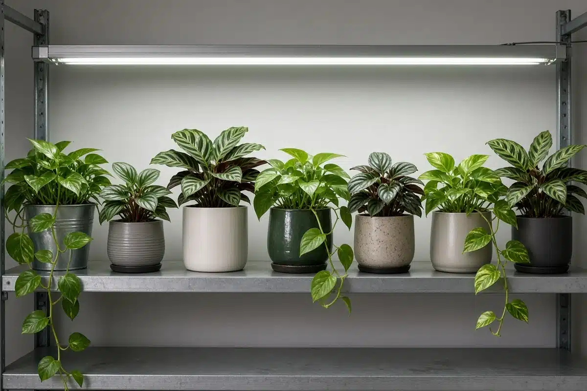 Row of plants under a panel grow light on a shelf