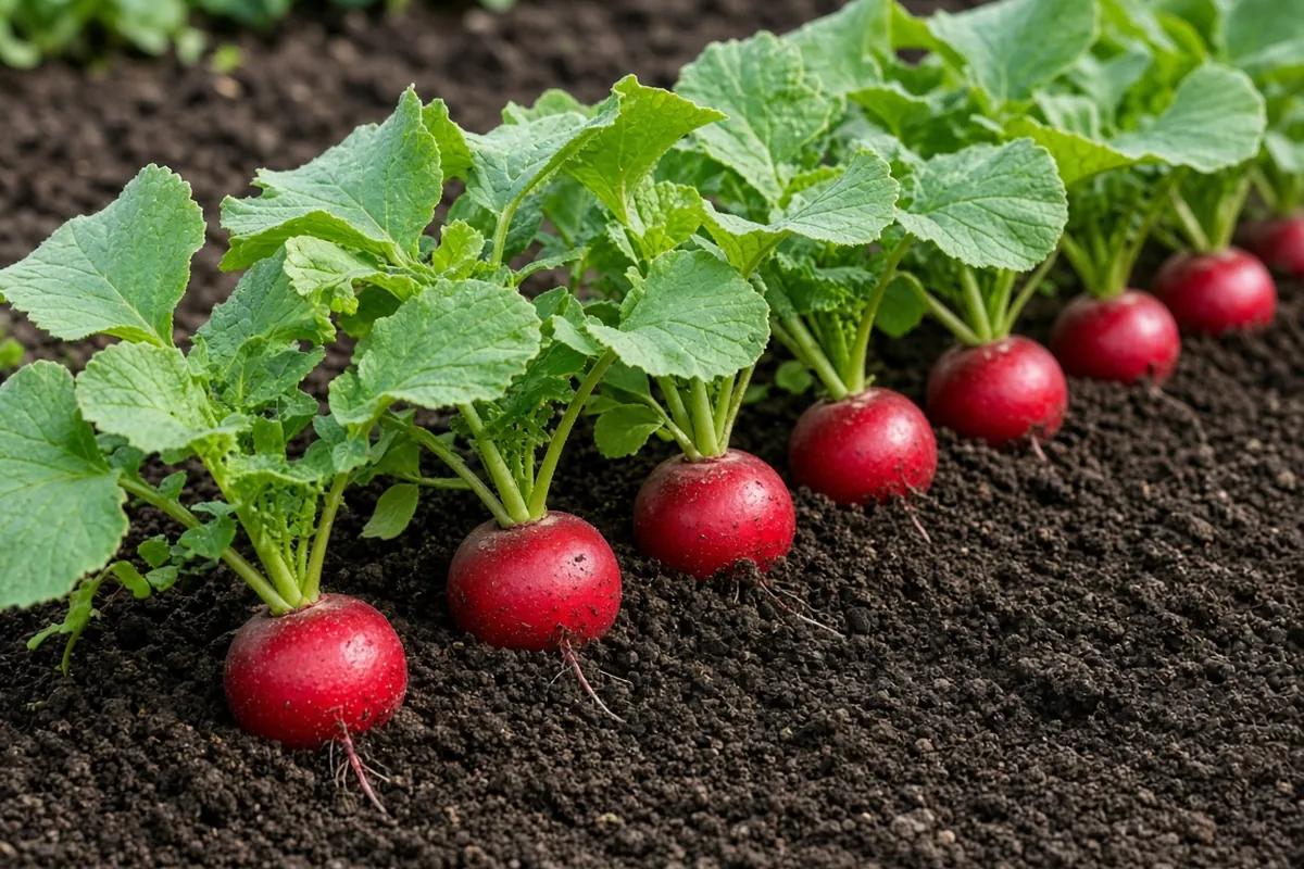 Row of radishes ready to harvest