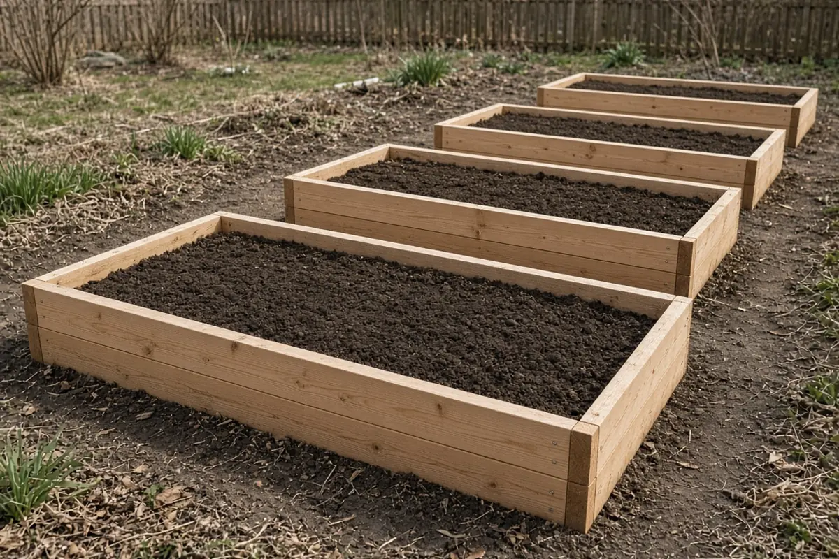 Row of repaired raised beds ready for spring