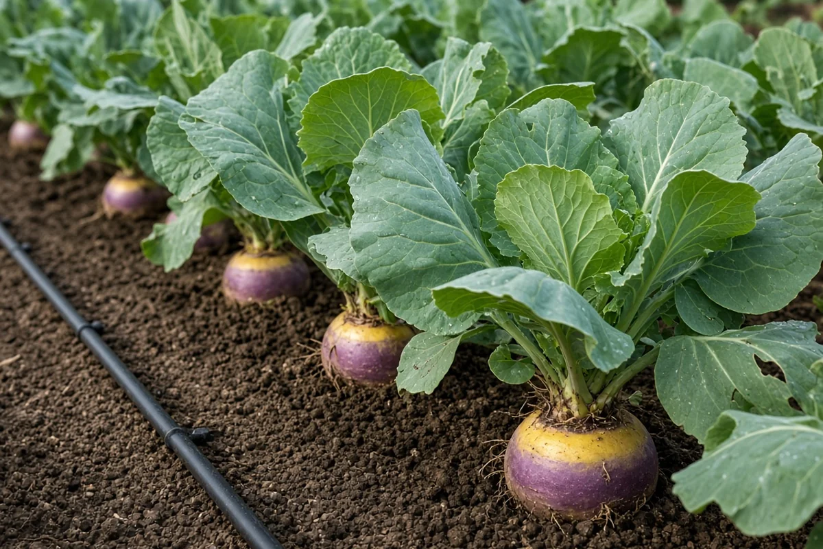 Row of rutabaga plants with purple shoulders beside a drip line