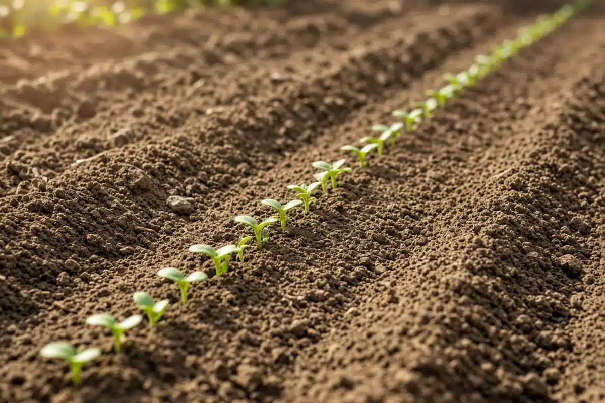 Row of seedlings breaking through garden soil