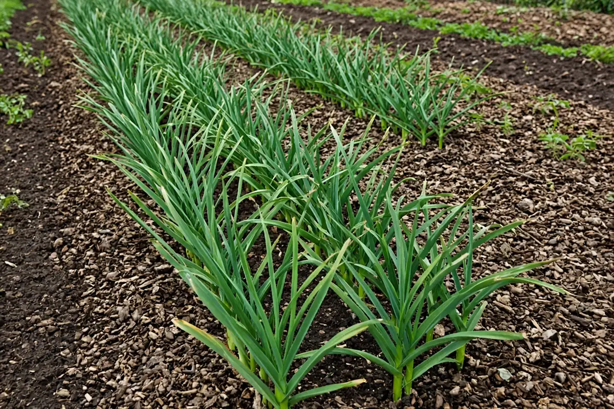 Row of softneck garlic plants in late spring