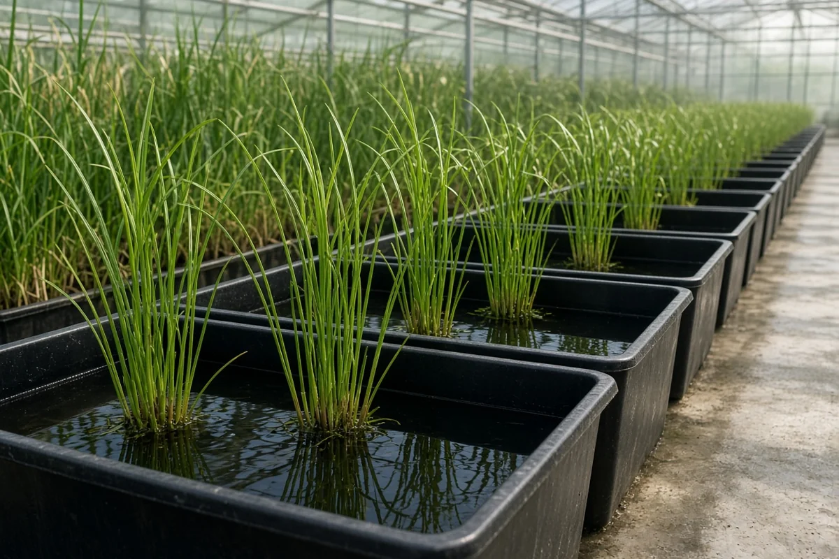 Row of tubs with tall sedge stems in a greenhouse