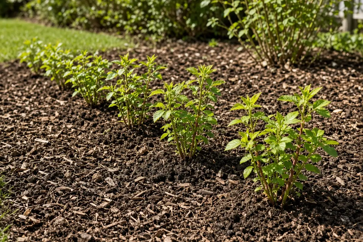 Row of young newly planted shrubs in mulched soil