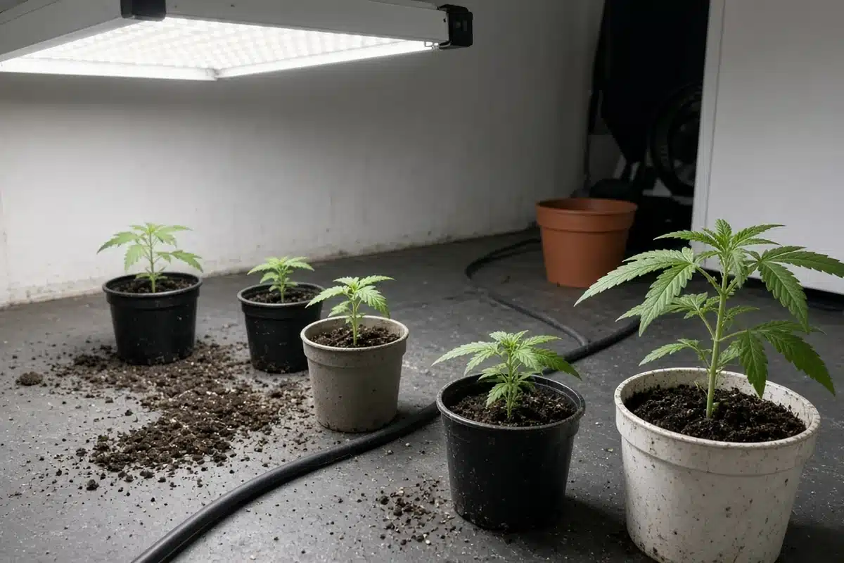 Row of young cannabis plants of different sizes in pots on a grow room floor