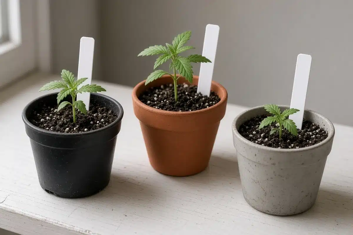 Row of young cannabis plants with small blank plant markers in each pot