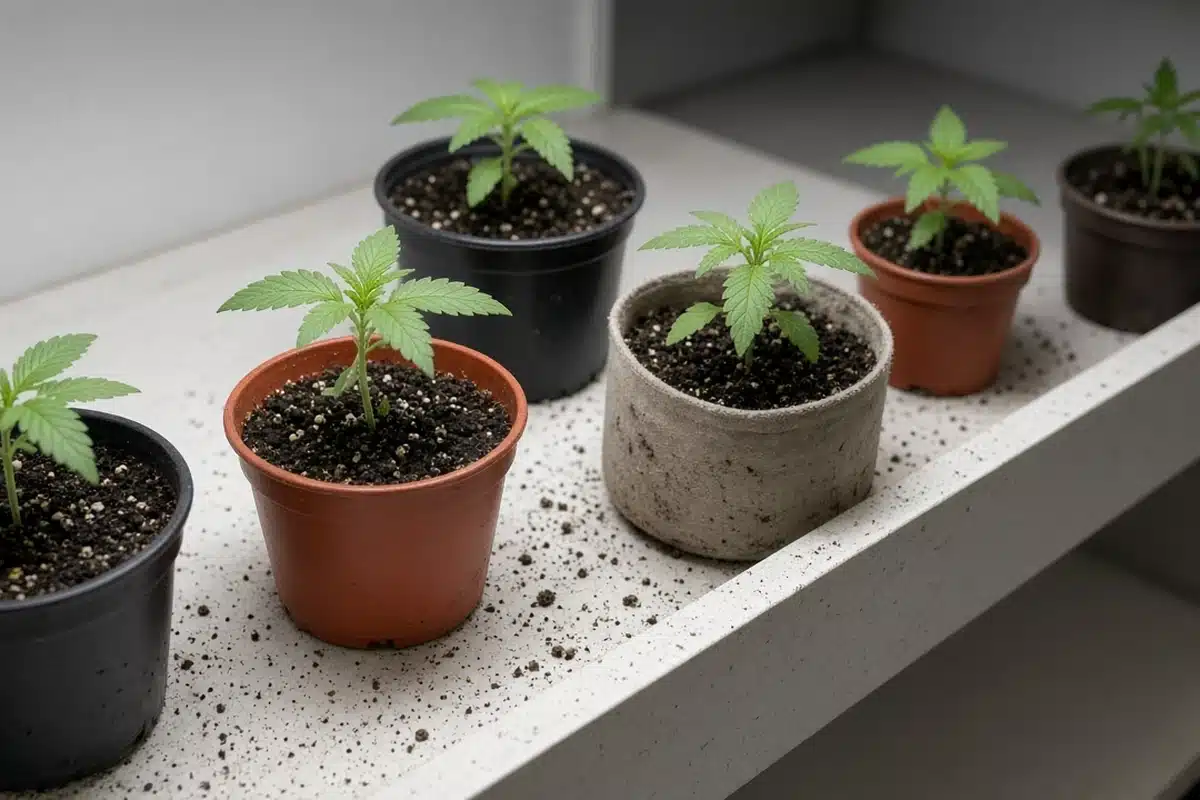 A row of young cannabis seedlings in small pots under soft light