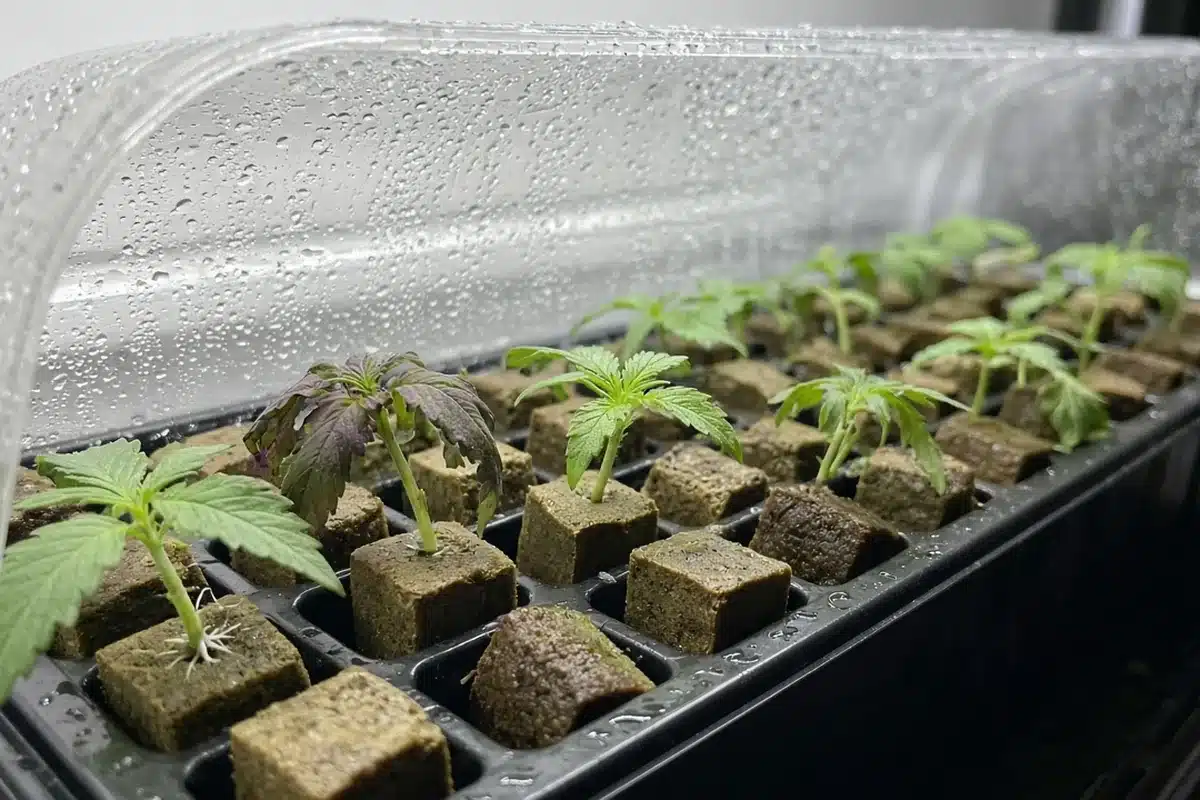 Rows of cannabis cuttings in rooting cubes under a clear humidity dome
