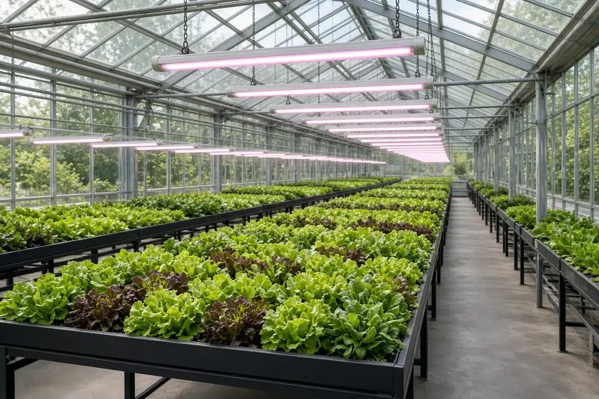 Rows of LED fixtures over greens in a greenhouse