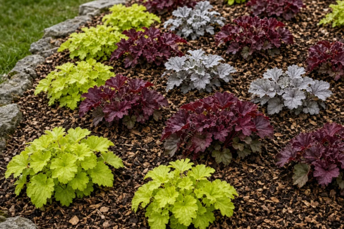 Rows of lime, burgundy and silver heuchera in mulch
