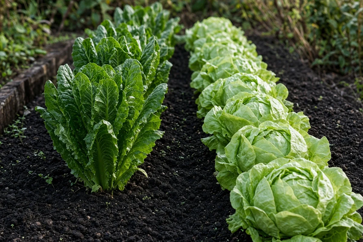 Rows of romaine and iceberg lettuce in a bed