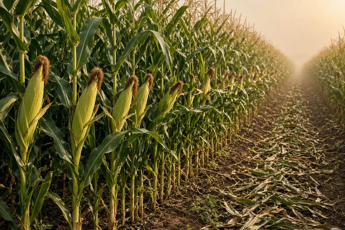 Rows of sweet corn with brown silks in late summer