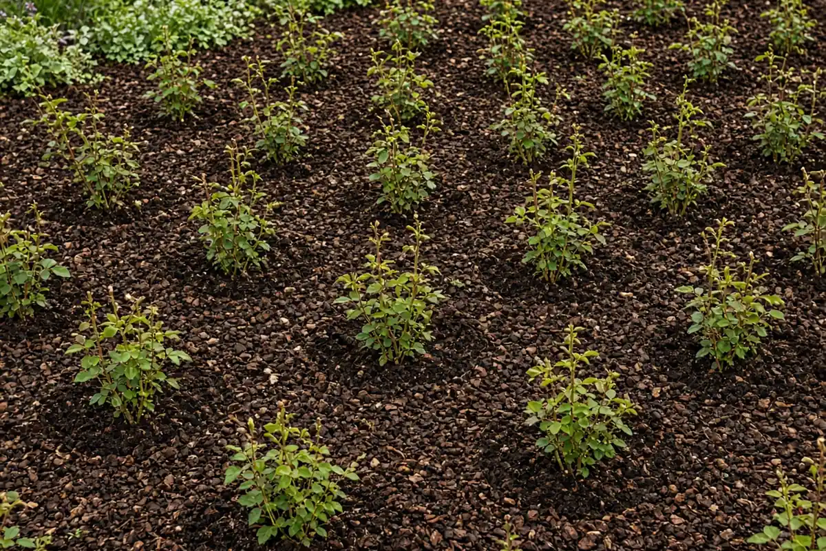 Rows of young shrubs in a freshly mulched bed