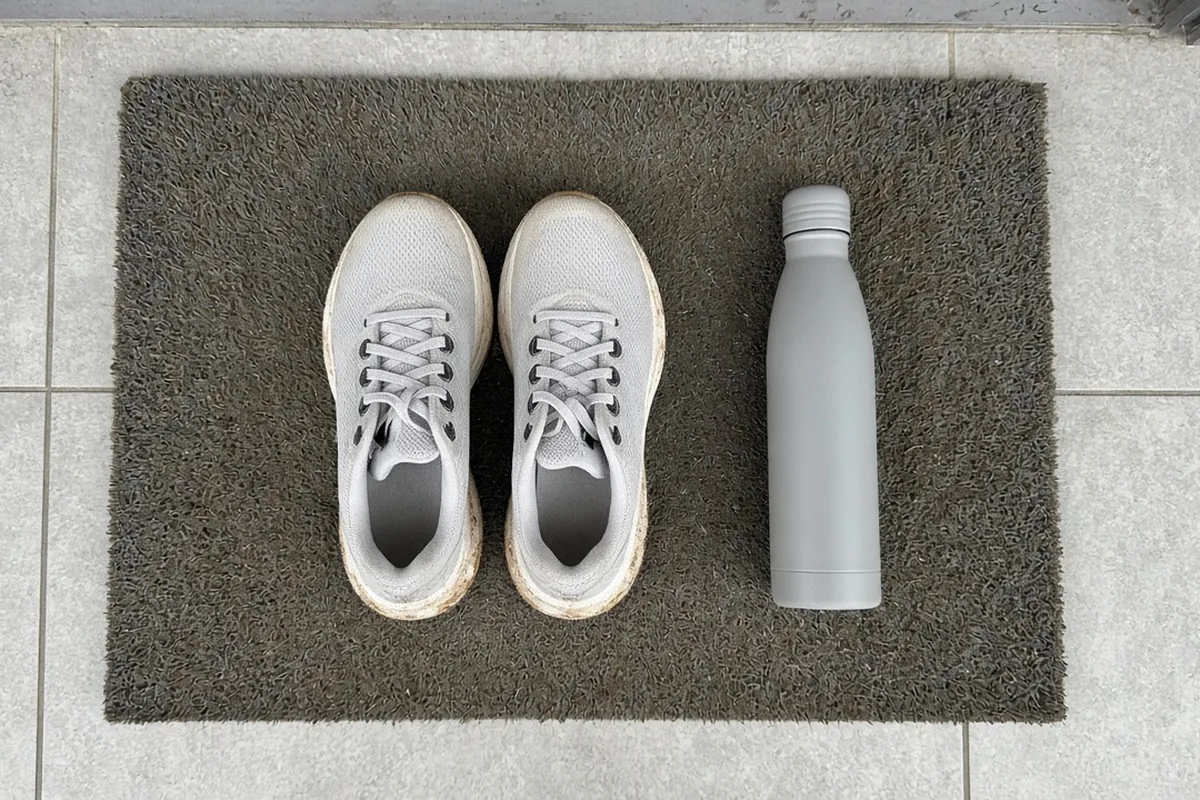 Running shoes and a water bottle on a doormat