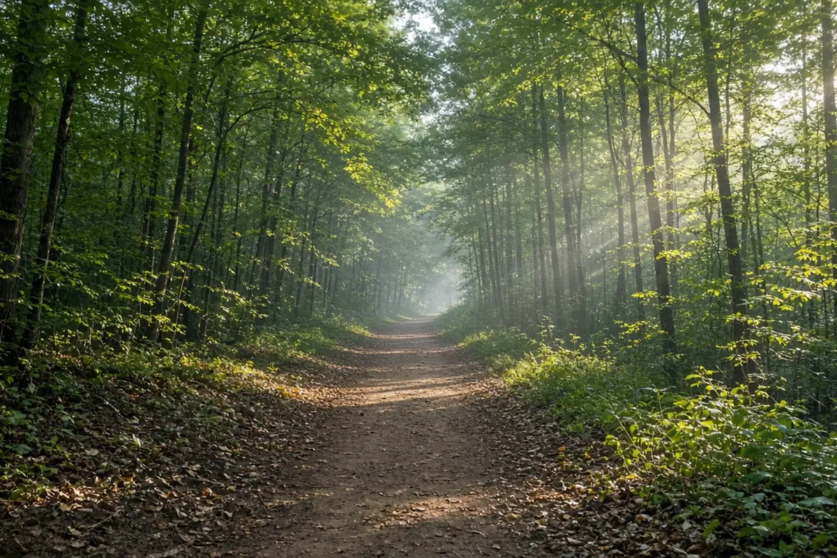 Running trail through a green forest