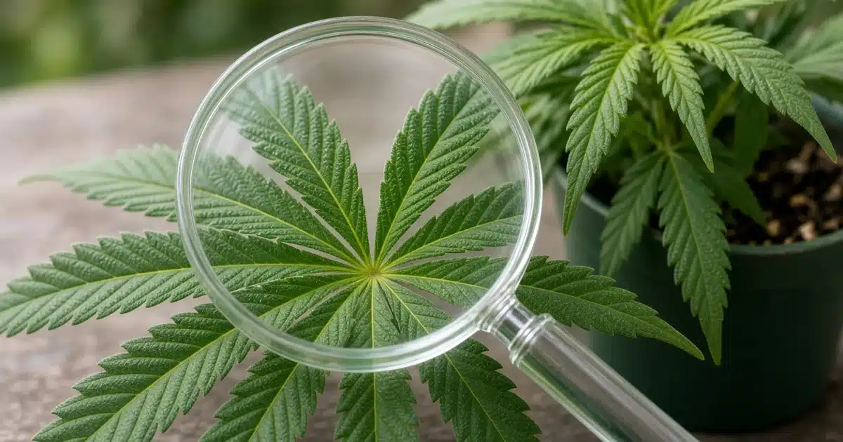 Hand lens resting on a cannabis fan leaf, magnifying its surface, beside a potted plant