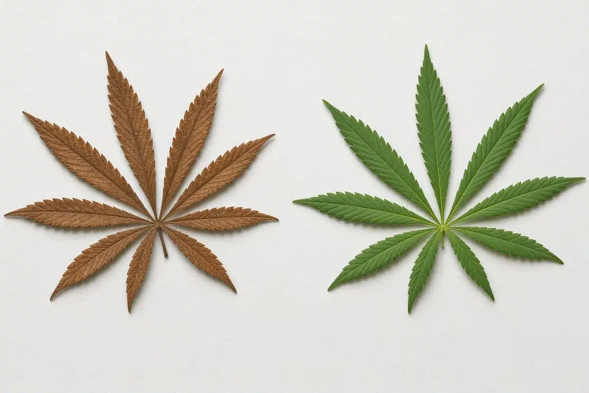 Photo-style illustration of a dull, bronzed cannabis fan leaf beside a healthy green fan leaf
