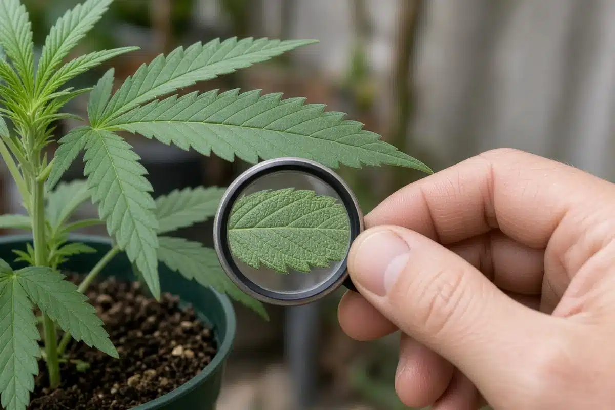 Photo-style illustration of a hand lens held up to a leaf on a young potted cannabis plant