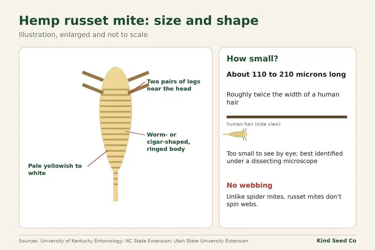 Diagram of a hemp russet mite with two pairs of legs and a ringed, cigar-shaped body, with size notes
