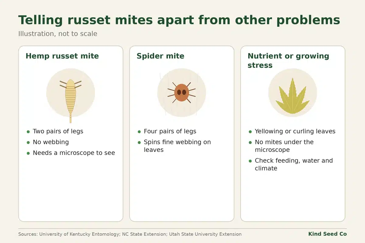 Diagram comparing a hemp russet mite, a spider mite with webbing and a yellowing leaf from nutrient or growing stress