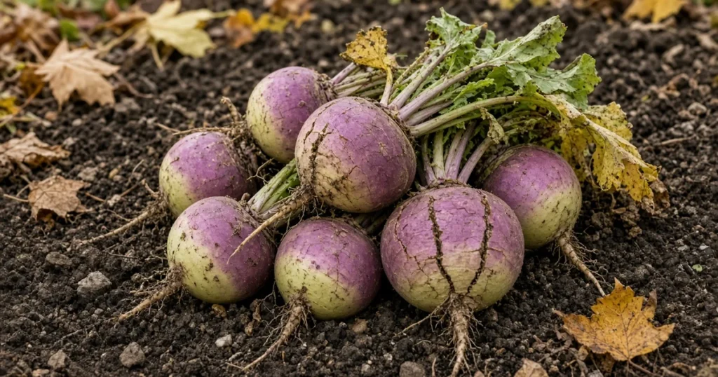 Cracked purple and cream roots on dark garden soil