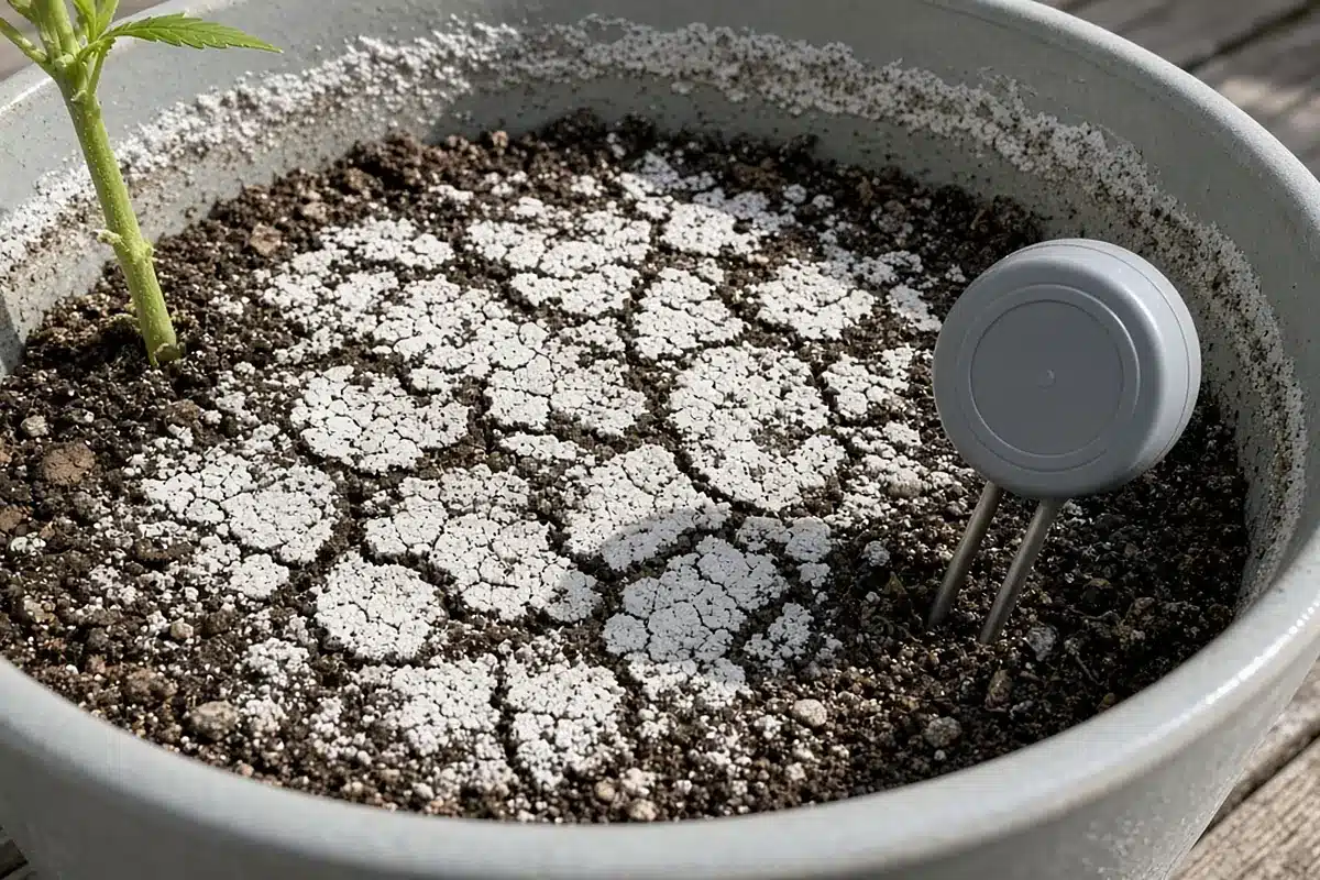 Photo-style illustration of white salt crust on pot soil beside a generic moisture meter