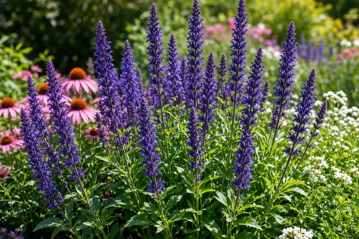 Salvia blooming in a summer border