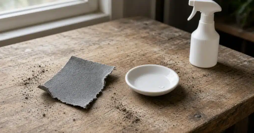 Sheet of fine sandpaper beside a small white dish and a spray bottle on a wooden bench