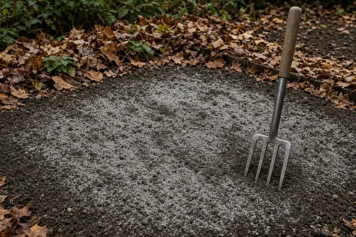 Thin dusting of gray rock phosphate across a bare autumn garden bed, with fallen leaves at the edge and a spading fork nearby