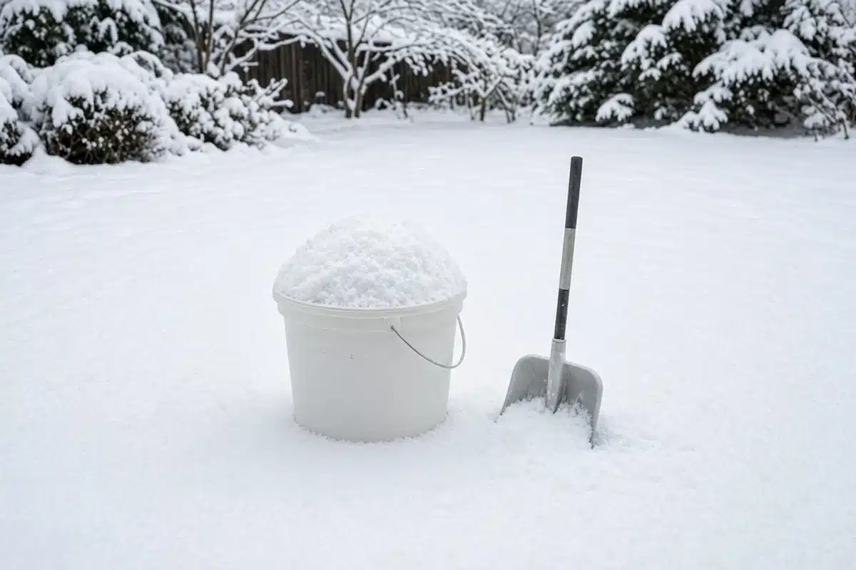 Plastic bucket heaped with fresh clean snow on an open backyard lawn, a snow shovel standing upright beside it