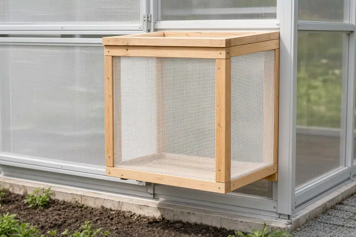 Boxed frame of fine insect mesh built out from a greenhouse side vent to add screen surface