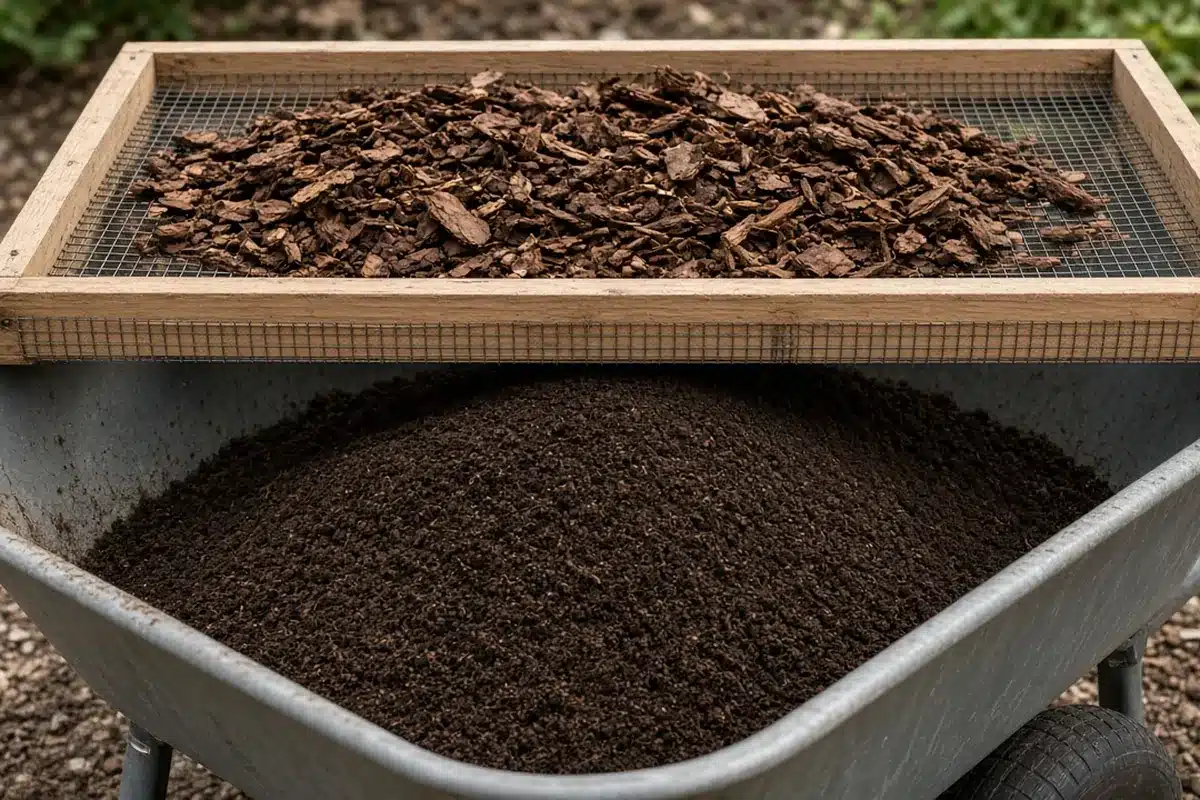 Wire screen resting across a wheelbarrow with sifted pine bark fines below and coarse pieces left on top