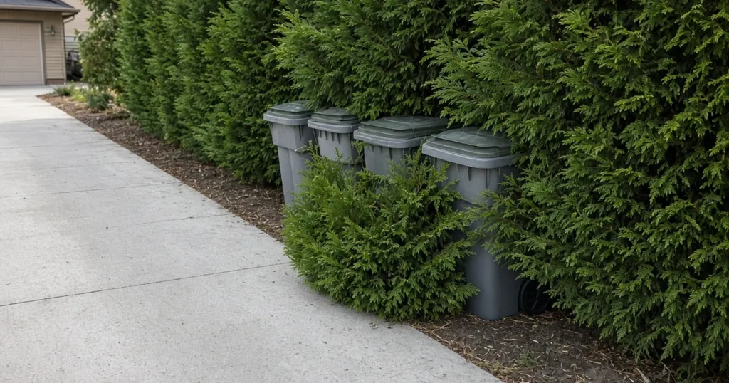 Evergreen hedge hiding trash bins beside a driveway