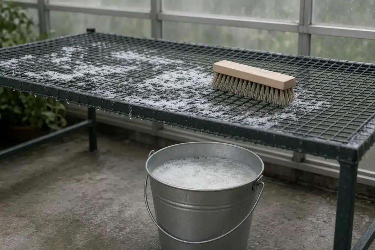 Wire mesh greenhouse bench wet with soapy water beside a stiff brush and a bucket on a concrete floor
