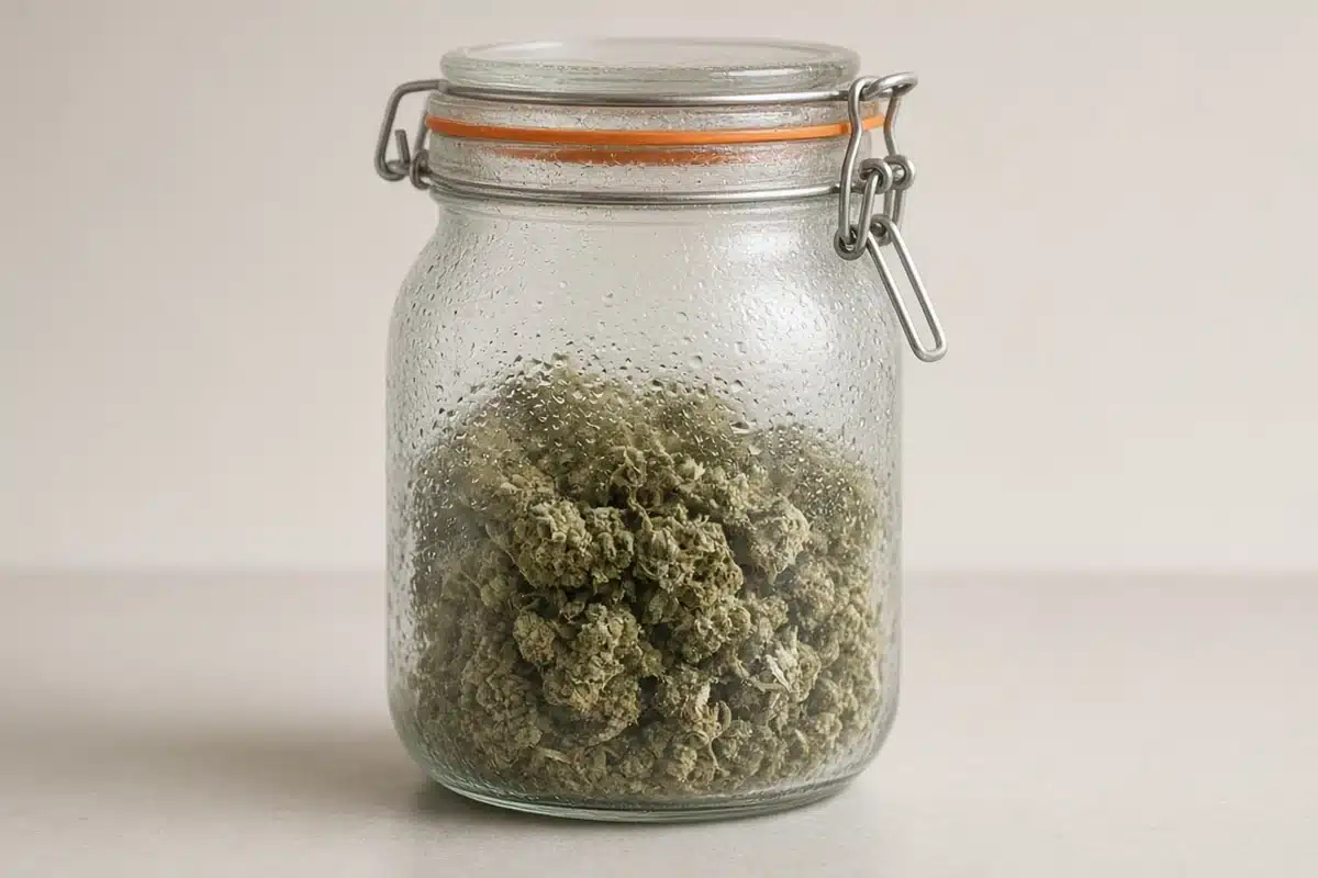 Sealed glass jar of dried cannabis buds warming on a kitchen counter with light condensation only on the outside of the glass
