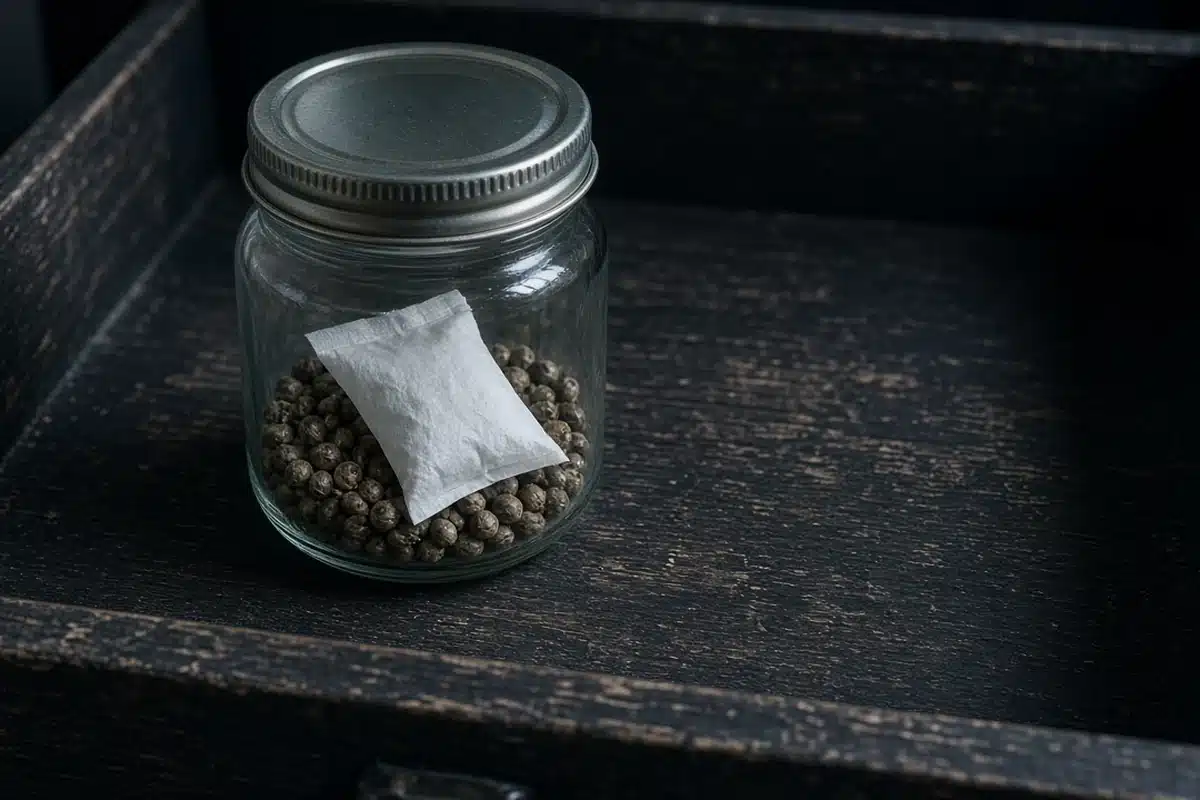 Small sealed glass jar of cannabis seeds with a desiccant packet stored in a cool dark drawer
